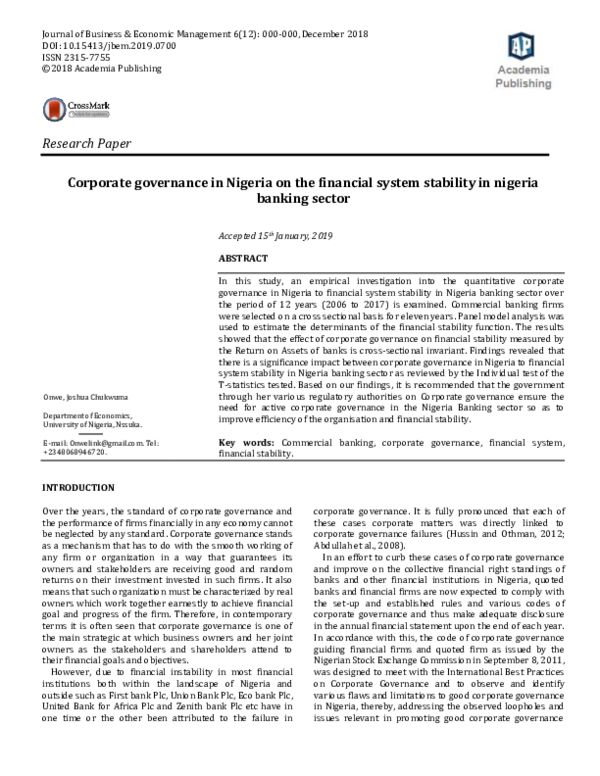 (PDF) Corporate governance in Nigeria on the financial system stability ...