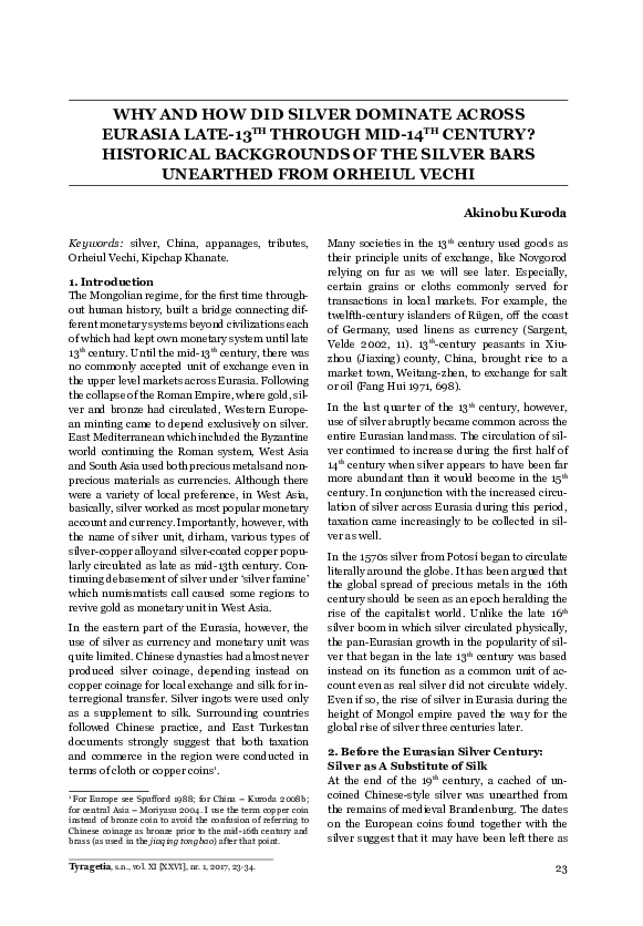 Why and How Did Silver Dominate across Eurasia Late-13th through Mid-14th Century? : Historical Backgrounds of the Silver Bars Unearthed from Orheiul Vechi