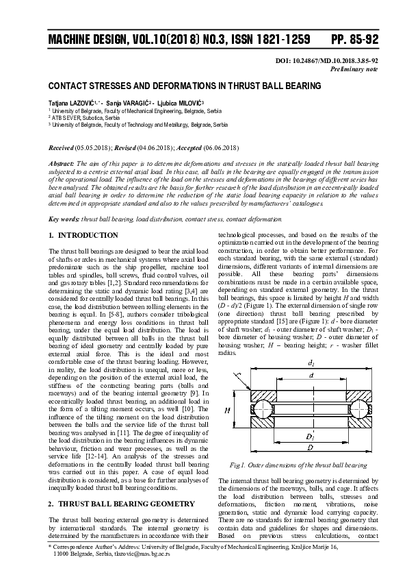 (PDF) CONTACT STRESSES AND DEFORMATIONS IN THRUST BALL BEARING