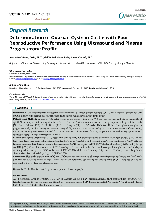 (PDF) Determination of Ovarian Cysts in Cattle with Poor Reproductive Performance Using