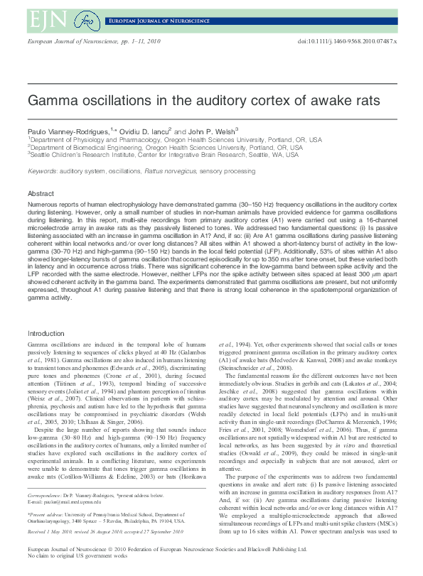 (PDF) Gamma oscillations in the auditory cortex of awake rats