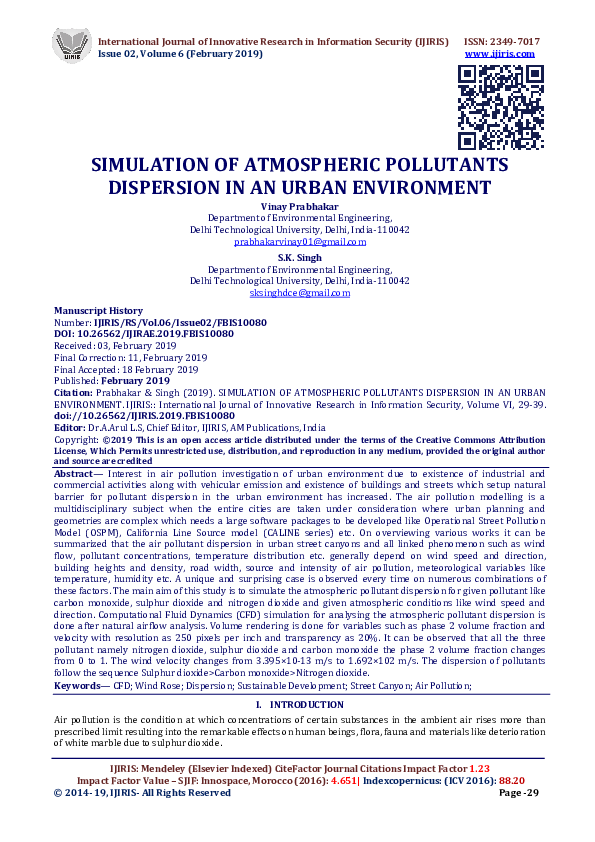 (PDF) SIMULATION OF ATMOSPHERIC POLLUTANTS DISPERSION IN AN URBAN ...