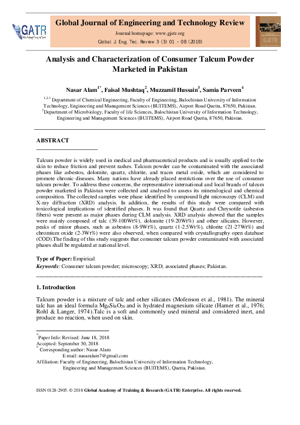(PDF) Analysis and Characterization of Consumer Talcum Powder Marketed ...