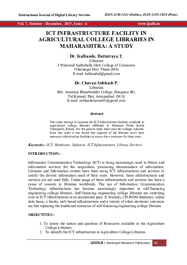 (PDF) ICT INFRASTRUCTURE FACILITY IN AGRICULTURAL COLLEGE LIBRARIES IN ...
