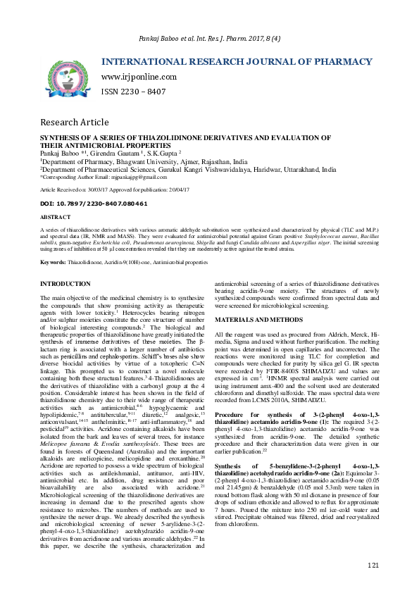 (PDF) Synthesis of a series of thiazolidinone derivatives and ...