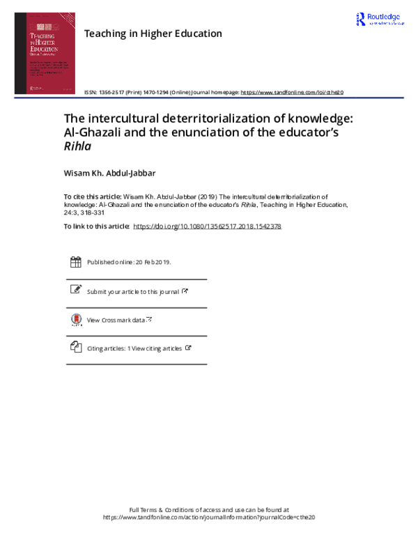 Free Pdf Download The Intercultural Deterritorialization Of Knowledge Al Ghazali And The Enunciation Of The Educator S Rihla Wisam Kh Abdul Jabbar Academia Edu