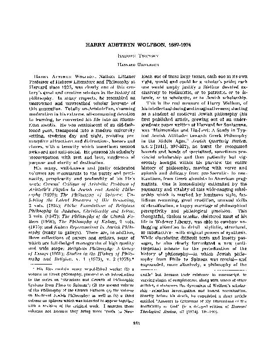 (PDF) Isadore Twersky, “In Memoriam Harry Austryn Wolfson, 18871974