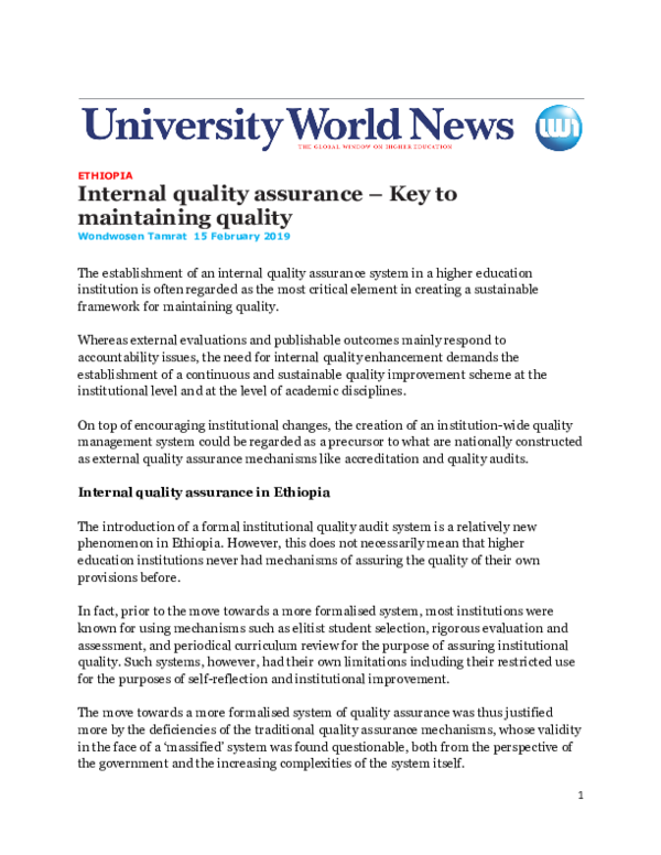 (PDF) Internal quality assurance – Key to maintaining quality