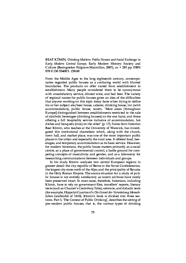 Drinking Matters: Public Houses and Social Exchange in Early Modern Central Europe