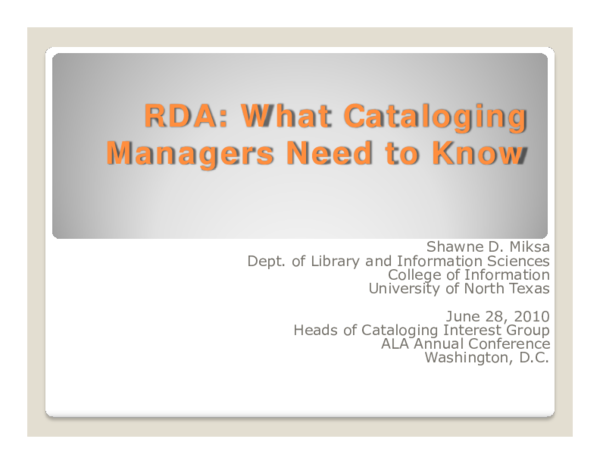 (PDF) RDA: What Cataloging Managers Need to Know
