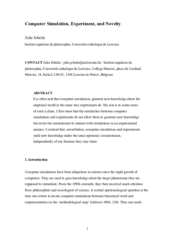 (PDF) Computer Simulation, Experiment, and Novelty Julie Jebeile