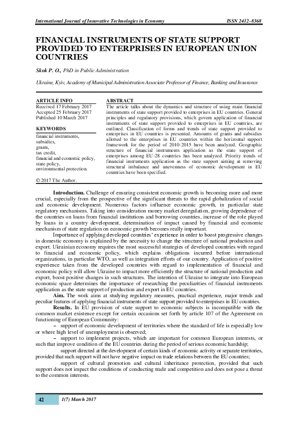 (PDF) FINANCIAL INSTRUMENTS OF STATE SUPPORT PROVIDED TO ENTERPRISES IN ...