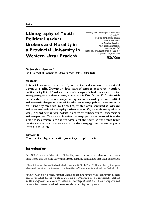 PDF) Ethnography of Youth Politics: Leaders, Brokers and Morality