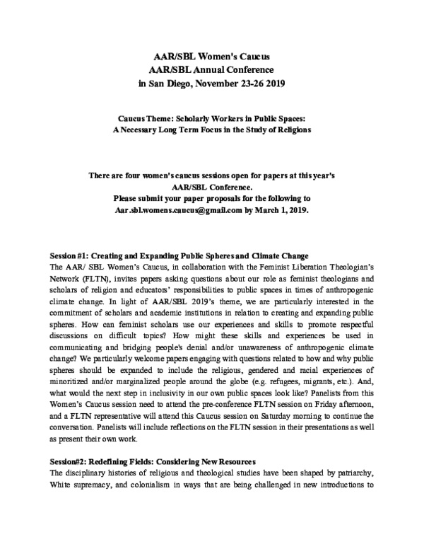 (PDF) Women's Caucus AAR/SBL Call for Papers 2019.pdf Women’s Caucus