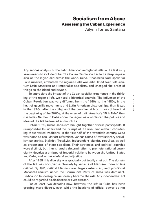 (PDF) Socialism from Above Assessing the Cuban Experience