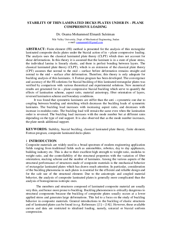 (PDF) STABILITY OF THIN LAMINATED PLATES UNDER IN – PLANE COMPRESSIVE ...