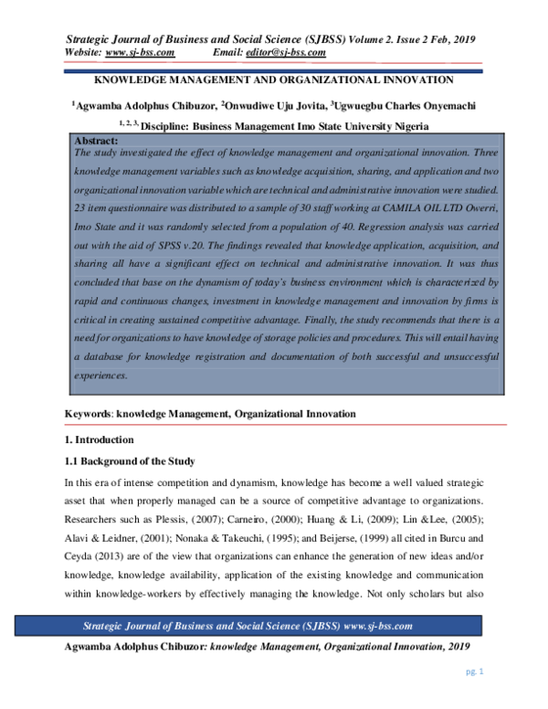 (PDF) KNOWLEDGE MANAGEMENT AND ORGANIZATIONAL INNOVATION sjbss.pdf