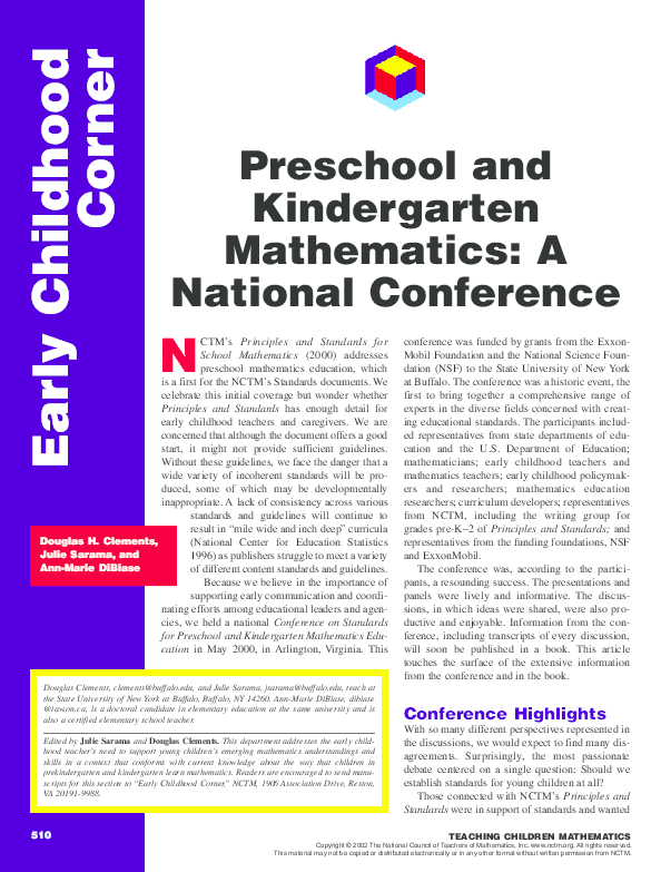 (PDF) Preschool and kindergarten mathematics: A national conference