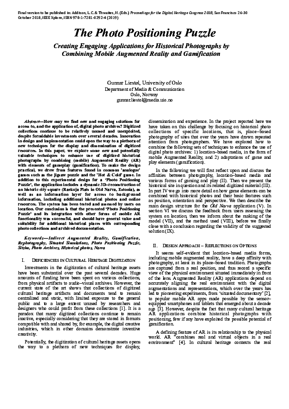 (PDF) The Photo Positioning Puzzle. Creating Engaging Applications for ...