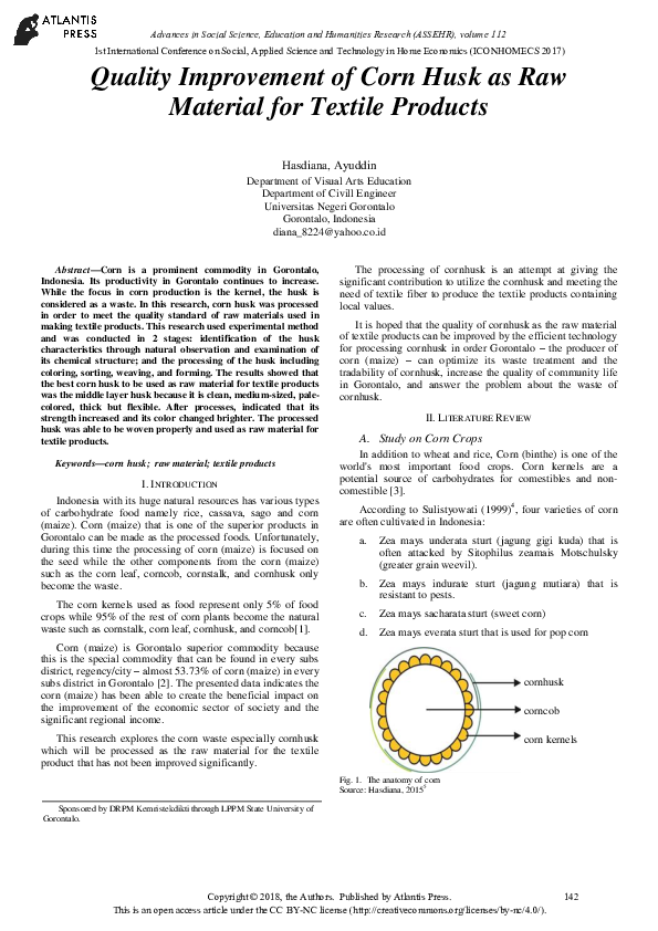 (PDF) Quality Improvement of Corn Husk as Raw Material for Textile Products Hasdiana Saleh