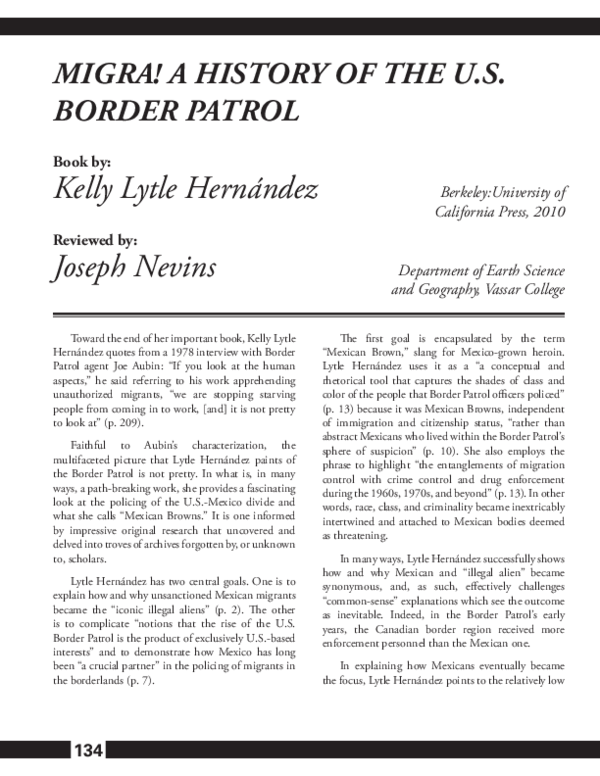 (PDF) Review of Kelly Lytle Hernández, Migra! A History of the U.S. Border Patrol, Berkeley ...