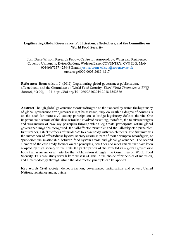 (PDF) Legitimating Global Governance: Publicisation, affectedness, and ...