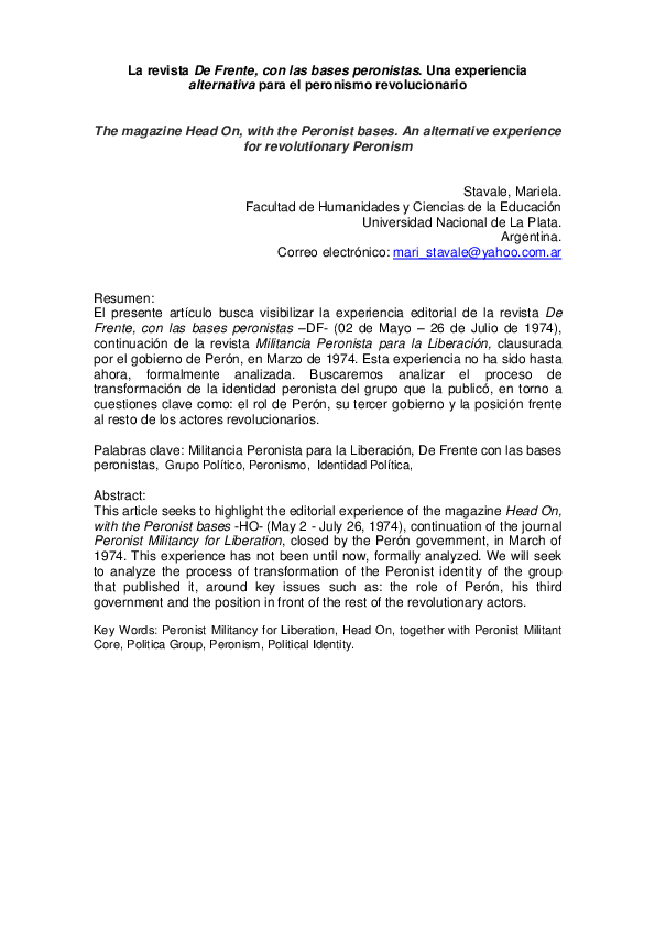 (PDF) La revista De Frente, con las bases peronistas. Una experiencia