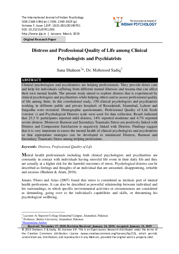 (PDF) Distress and Professional Quality of Life among Clinical ...