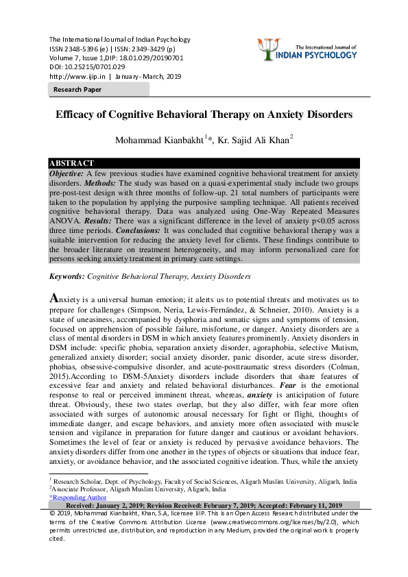 (PDF) Efficacy of Cognitive Behavioral Therapy on Anxiety Disorders