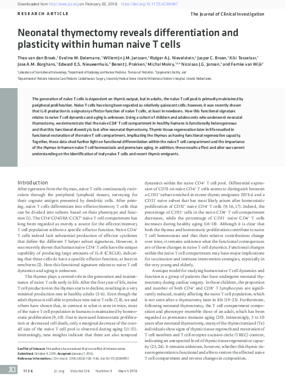 (PDF) Neonatal thymectomy reveals differentiation and plasticity within human naive T cells