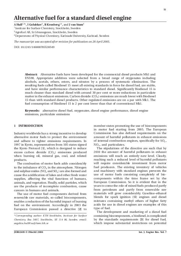 (PDF) Alternative Fuel for a Standard Diesel Engine Bengt Kronberg