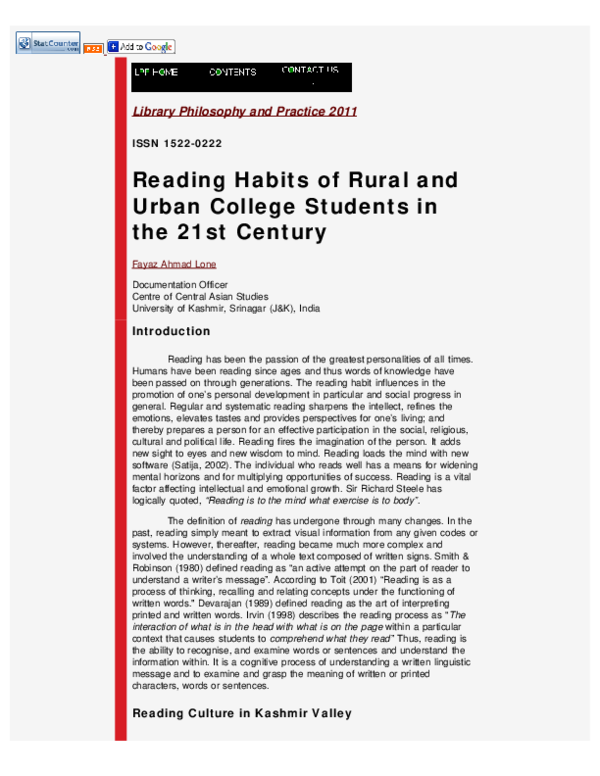 (PDF) Reading Habits of Rural and Urban College Students in the 21st ...