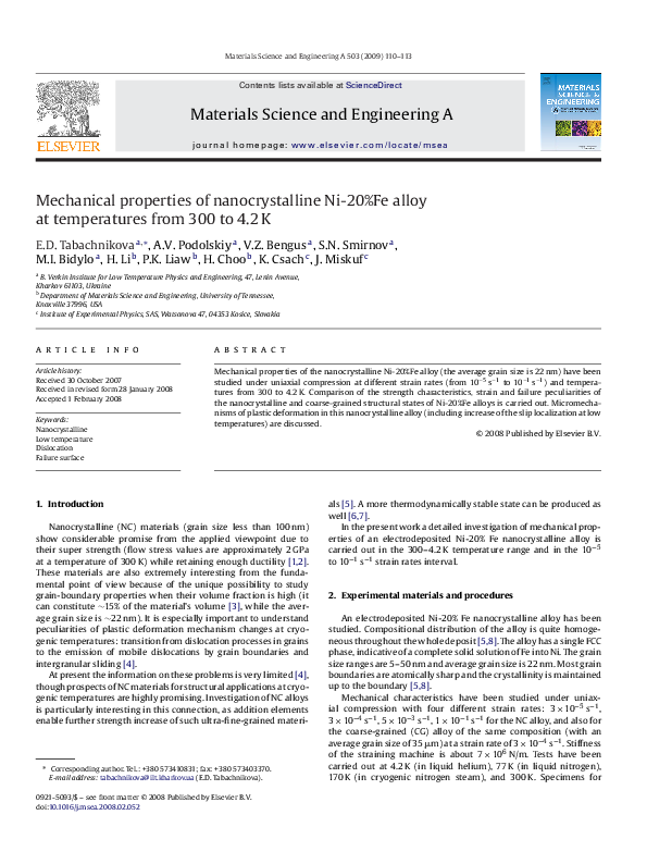 (PDF) Mechanical properties of nanocrystalline Ni-20%Fe alloy at ...