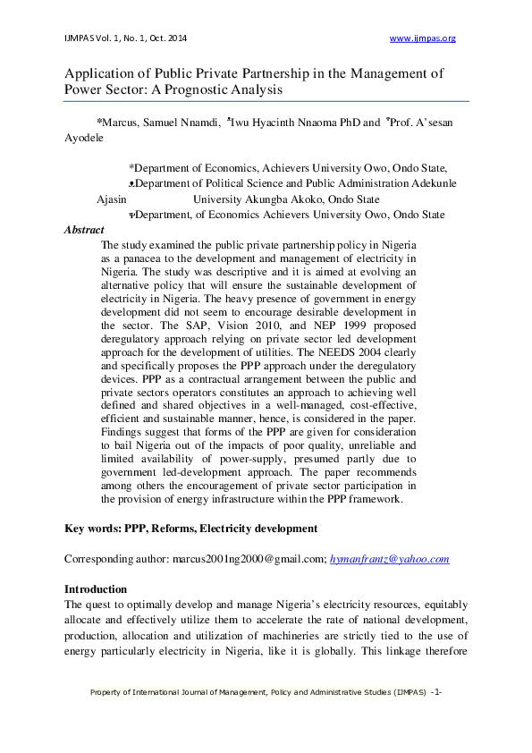 (PDF) Application of Public Private Partnership in the Management of ...
