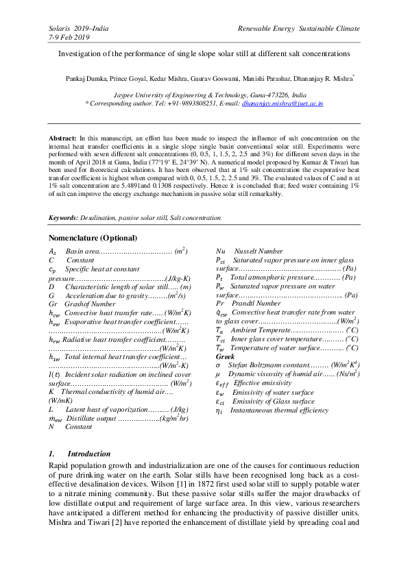 (PDF) Investigation of the performance of single slope solar still at ...