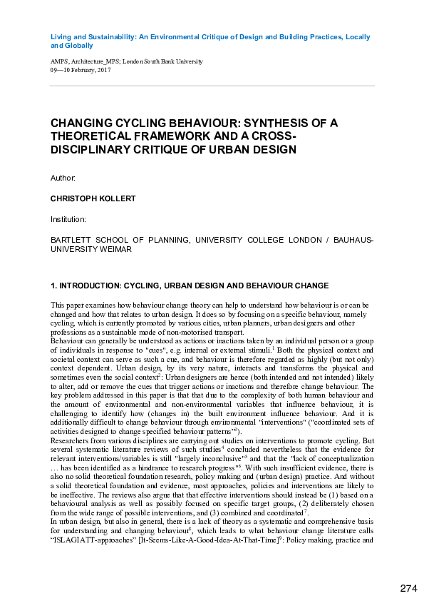 Changing Cycling Behaviour: Synthesis of a theoretical framework and a cross-disciplinary critique of urban design