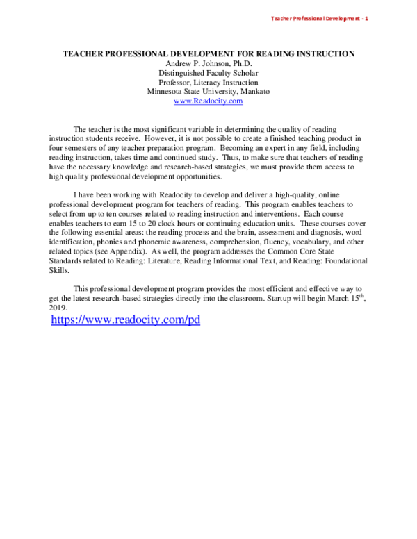 (PDF) TEACHER PROFESSIONAL DEVELOPMENT FOR READING INSTRUCTION Andrew