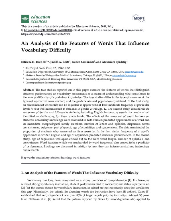 (DOC) An Analysis of the Features of Words That Influence Vocabulary ...