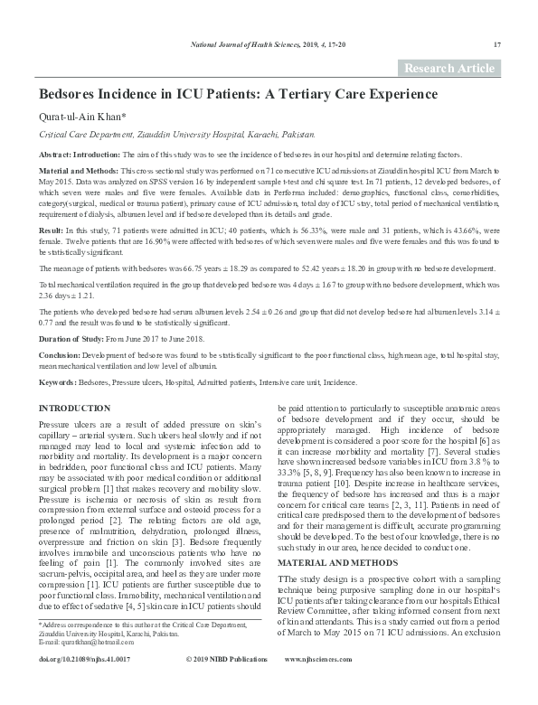 (PDF) Bedsores Incidence in ICU Patients A Tertiary Care Experience National Journal of