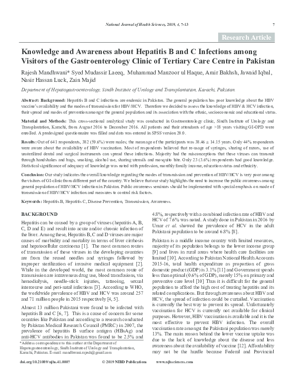 (PDF) Knowledge and Awareness about Hepatitis B and C Infections among ...