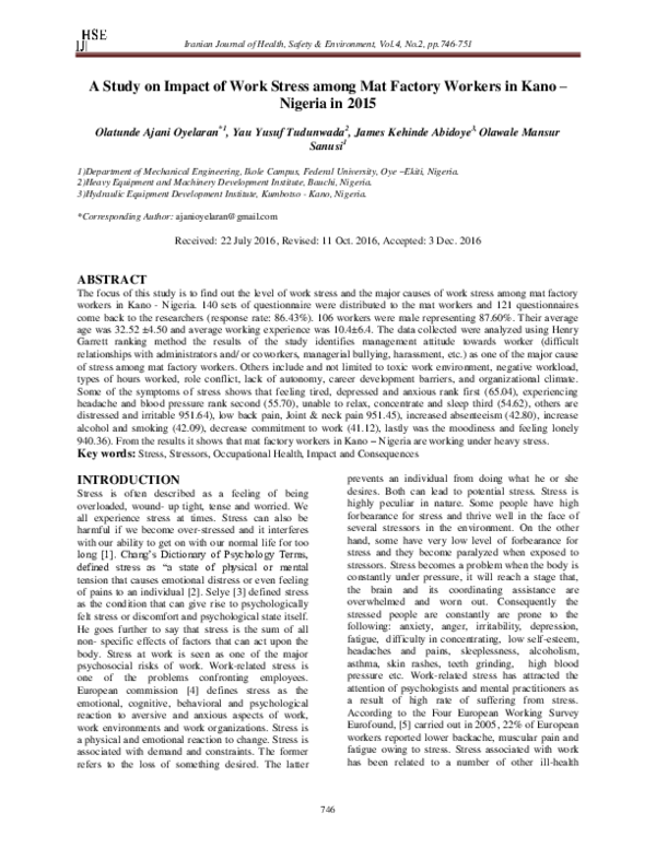 (PDF) A Study on Impact of Work Stress among Mat Factory Workers in ...
