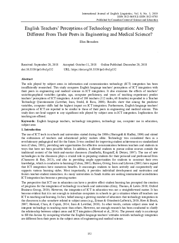 (PDF) English Teachers’ Perceptions of Technology Integration: Are They ...