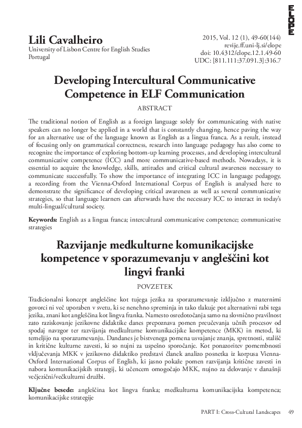 (PDF) Developing Intercultural Communicative Competence in ELF ...