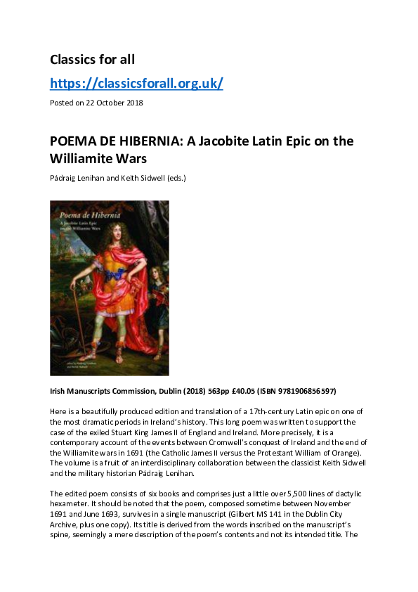 (PDF) POEMA DE HIBERNIA A Jacobite Latin Epic on the Williamite Wars