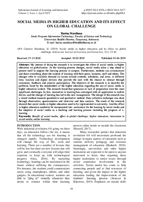 (PDF) SOCIAL MEDIA IN HIGHER EDUCATION AND ITS EFFECT ON GLOBAL CHALLENGE