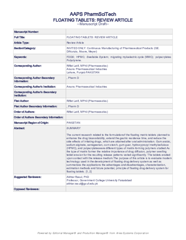 (PDF) FLOATING TABLETS REVIEW ARTICLE Riffat Latif and Muhammad