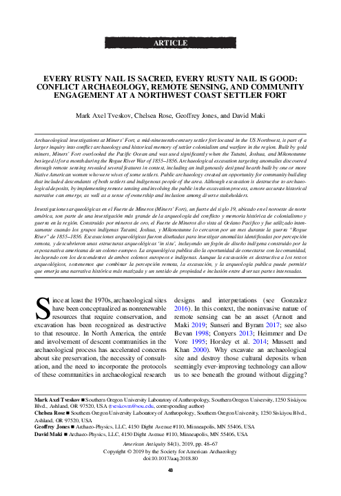 EVERY RUSTY NAIL IS SACRED, EVERY RUSTY NAIL IS GOOD:CONFLICT ARCHAEOLOGY, REMOTE SENSING, AND COMMUNITY ENGAGEMENT AT A NORTHWEST COAST SETTLER FORT