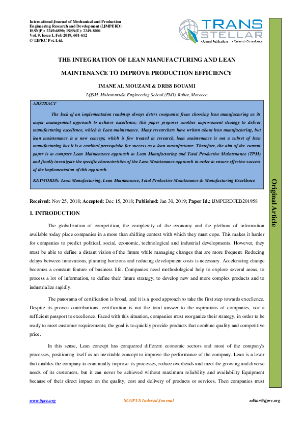 Pdf The Integration Of Lean Manufacturing And Lean Maintenance To Improve Production Efficiency Pdf The Integration Of Lean Manufacturing And Lean Maintenance To Improve Production Efficiency
