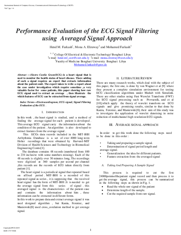 (PDF) Performance Evaluation of the ECG Signal Filtering using Averaged ...