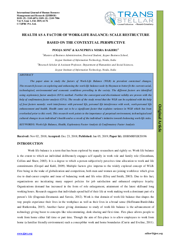 (PDF) HEALTH AS A FACTOR OF WORK-LIFE BALANCE: SCALE RESTRUCTURE BASED ...